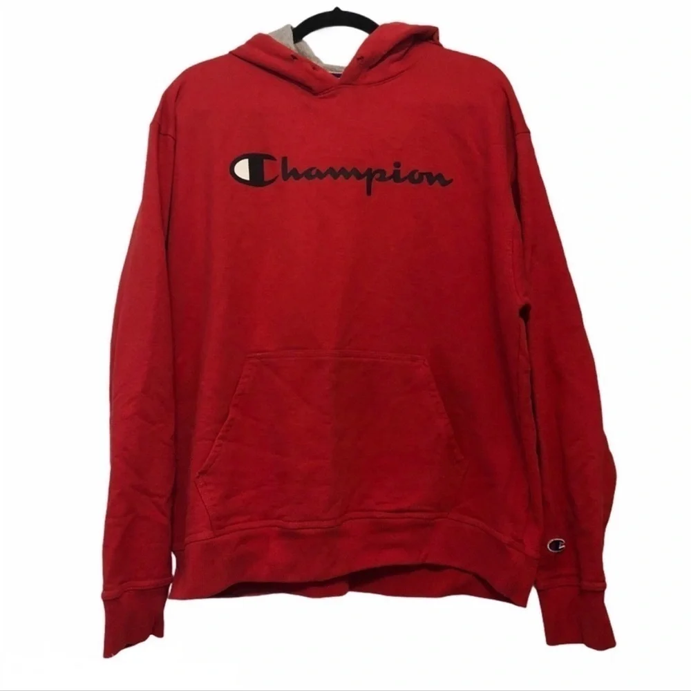 Champion Logo Hoodie Sweatshirt Red & Gray